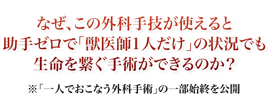 なぜ、この外科手技が使えると助手ゼロで「獣医師1人だけ」の状況でも生命を繋ぐ手術ができるのか？