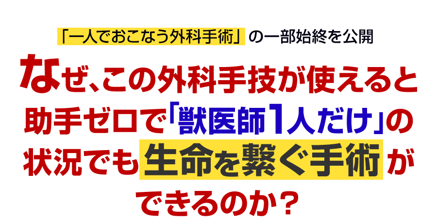 なぜ、この外科手技が使えると助手ゼロで「獣医師１人だけ」の状況でも生命を繋ぐ手術ができるのか？