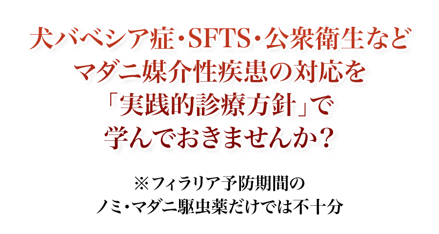 犬バベシア症・SFTS・公衆衛生などマダニ媒介性疾患の対応を「実践的診療方針」で学んでおきませんか？